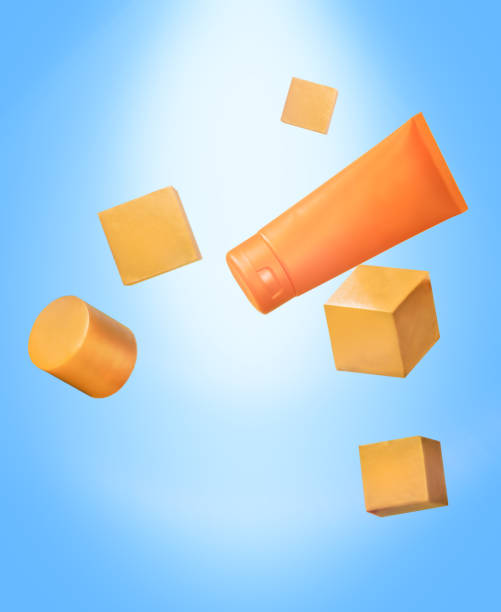 istock Levitating Sun Cream Protection Bottle, Cylinder and Cubes 1312664085