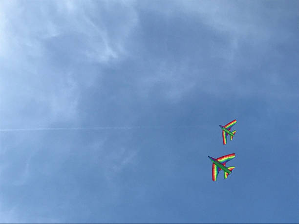 Rainbow colored kite fying