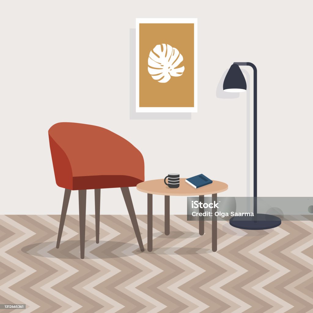 Interni scandinavi alla moda del soggiorno con un divano, mobili in legno, lampada e tavolino. Illustrazione vettoriale piatta del design della casa. - arte vettoriale royalty-free di Tavolino