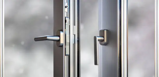 Photo of Aluminum door window open closeup view, blurry background