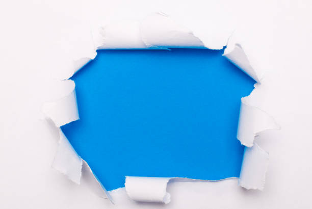 istock Torn white paper lies on a bright blue background. Template. Copy space 1312669992