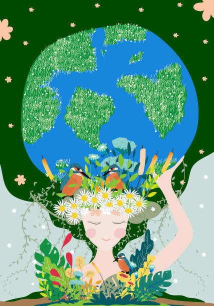 ilustrações de stock, clip art, desenhos animados e ícones de mother earth day poster with planet, nature and beauty woman. cute cartoon vector girl with wild natural forest and globe, world environment background, save the earth and earth day, green day concept - earth globe mother child
