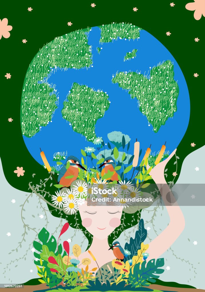 Mother Earth Day Poster With Planet Nature And Beauty Woman Cute Cartoon  Vector Girl With Wild Natural Forest And Globe World Environment Background  Save The Earth And Earth Day Green Day Concept