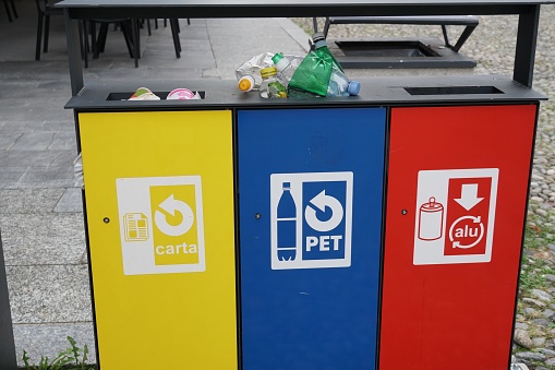 Set of plastic bins, green, yellow and blue. Different colored trash cans for General, Compostable and Recyclable waste.