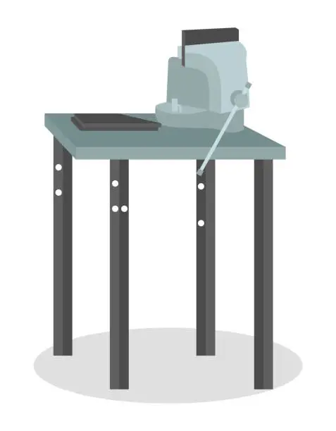 Vector illustration of Mechanical vise on a special metal table isolated on white. Metal clamps. Vice for metalworking