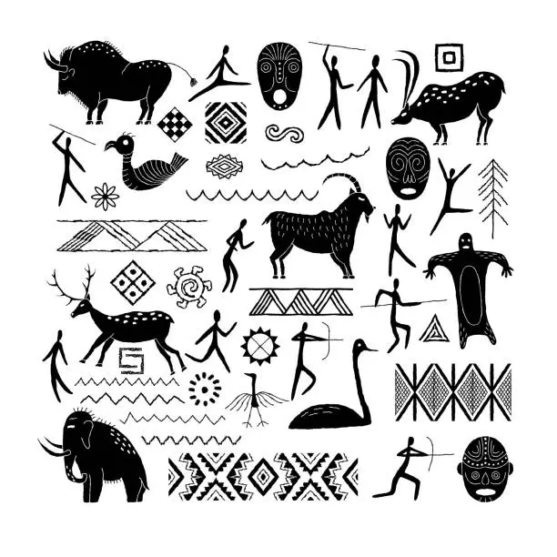 Vector illustration of A set of decorative elements from rock art. Prehistoric drawings. Simple style.