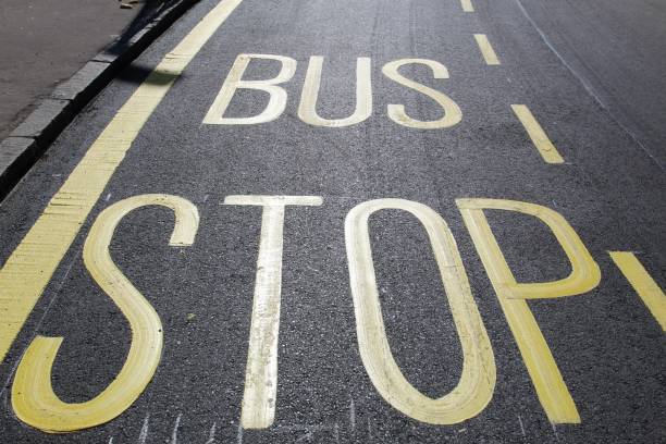 istock Yellow Bus Stop Road Paint 1312675590