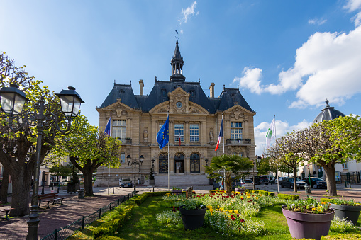 Exterior view of the city hall of Suresnes, a town in the Hauts-de-Seine department, located west of Paris, France