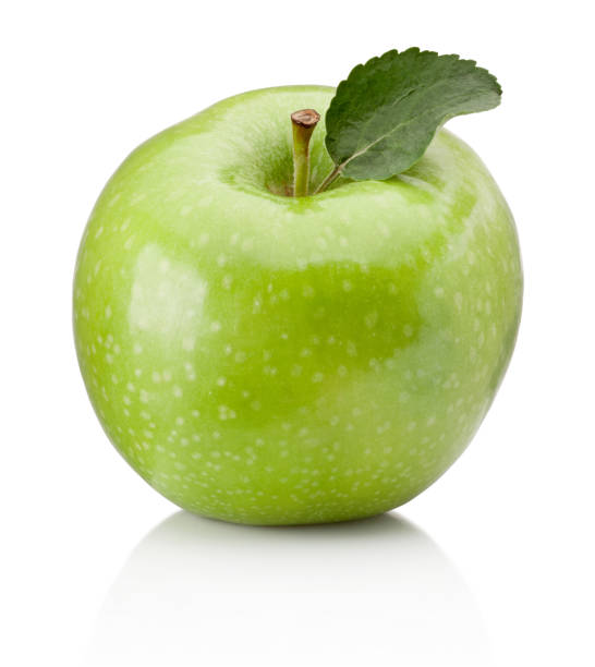 istock Ripe green apple with leaf isolated on white background 1312681433