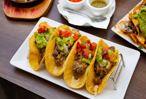 istock Mexican tacos with beef, guacamole and vegetables 1312682866