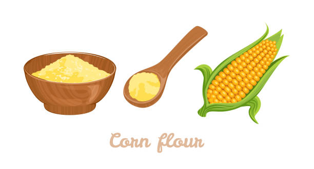 ilustrações, clipart, desenhos animados e ícones de farinha de milho em uma tigela de madeira, colher e milho amarelo isolados no fundo branco. ilustração vetorial em estilo plano de desenho animado. - polenta cooking food spoon