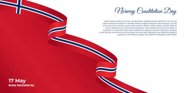 illustrations, cliparts, dessins animés et icônes de conception de jour de constitution de la norvège avec le ruban volant de norvège et le fond rouge - norwegian flag norway flag freedom