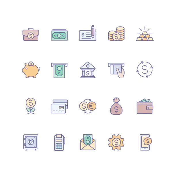 Vector illustration of Set of money and finance icons in filled outline style.