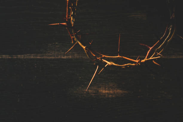 istock Crown of thorns on wooden table, closeup with space for text. Easter attribute 1312691629