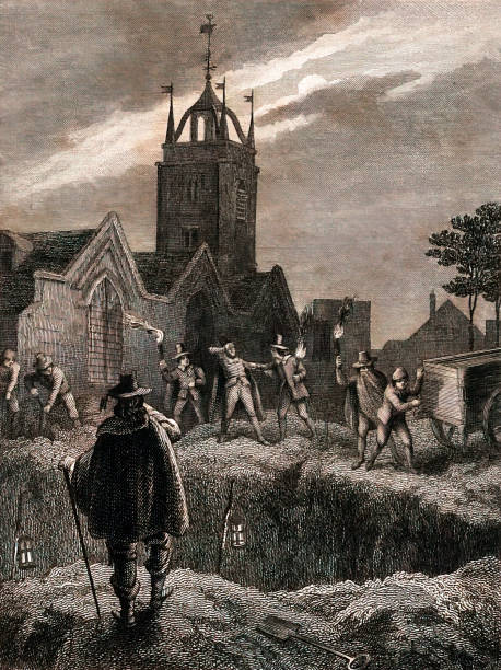 Mass Grave Of Plague Victims Vintage engraving features men with torches in the Aldgate churchyard, preparing to empty bodies into an open pit during the Plague of London in 1665. The bubonic plague is a disease caused by an infection carried by fleas living as parasites on rats. The plague hit London in late 1664, having ravaged Holland the previous year, and killed around 100,000 people in and around the city. grave digger stock illustrations