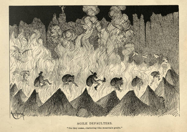 Vintage illustration of Satirical cartoon sketch on hell, punishment of Agile defaulters. On they came, clattering like mountain goats