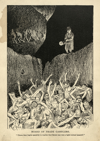 Vintage illustration of Satirical cartoon sketch on hell, Board of Trade Gamblers. There they begin speedily to realize that Satan can run a tight corner himself