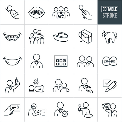 A set of orthodontics icons in outline format. The EPS vector file provided editable strokes or outlines. The icons include orthodontists, a patient in exam chair, mouth with braces on teeth, a orthodontist and assistants, braces on teeth, family, dental floss, dental mouth peace, smile with straight teeth, calendar appointment, orthodontist with syringe, child, adult, checkmark, orthodontist working on patients teeth, child with toothbrush, orthodontist holding up an x-ray of teeth and other related icons.