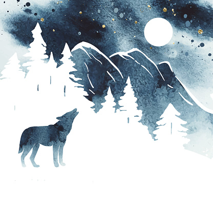 Watercolor vector landscape in blue and white colors. Sketch of a mountains, forest and wolf under night sky. Silhouette of wolf howling at the full moon.  Watercolor design for card, poster, banner