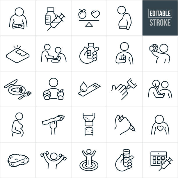 Diabetes Thin Line Icons - Editable Stroke A set of diabetes related icons that include editable strokes or outlines using the EPS vector file. The icons include an obese person, obese person with tape measure around waist, vial of insulin with syringe, healthy eating choices, weight scale, person getting their blood pressure checked by a doctor, overweight person drinking a soda, overweight person eating a doughnut, healthy food on a plate, person holding in one hand a doughnut and in the other an apple to show healthy vs unhealthy eating choices, blood glucose monitor, blood glucose strip, finger prick for testing blood sugar, people with diabetes, type 2 diabetes, obese person getting their heart checked, syringe drawing insulin from a vial, insulin injection pen, insulin injection needle, pancreas, person lifting weights for exercise, person meeting their healthy lifestyle goals, a hand holding a test tube of blood and a calendar showing insulin injection schedule for someone with diabetes. diabetes stock illustrations