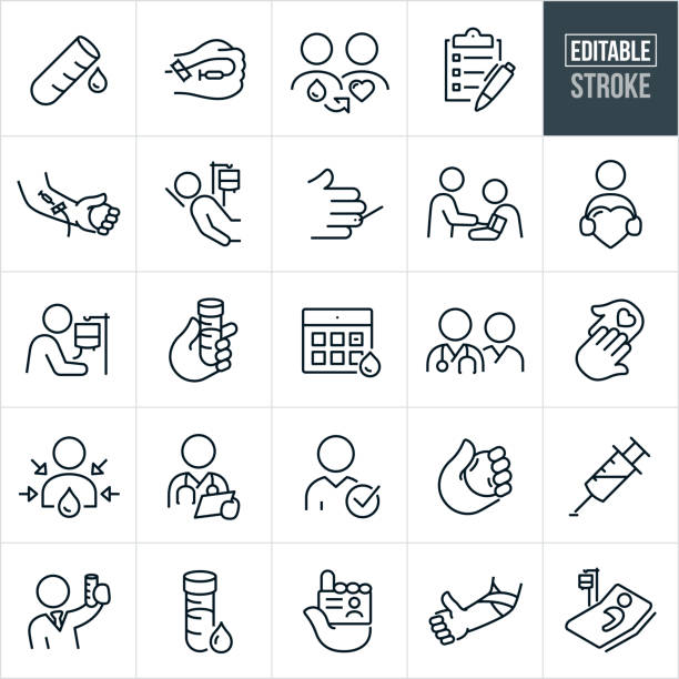 Blood Donation Thin Line Icons - Editable Stroke A set of blood donation icons that include editable strokes or outlines using the EPS vector file. The icons include blood donation, phlebotomist, phlebotomy, vial of blood, blood, vein, person donating blood, donor receiving blood, blood transfusion, checklist, needle in arm, finger prick, blood test, blood pressure check, donor holding hearth, saving lives, blood collection, blood donation appointment, venipuncture, blood draw, blood bank, physician, nurse, volunteer, candidate, syringe drawing blood, blood vial, drivers license, ID card, thumbs up and other blood donation related icons. bandage arm stock illustrations