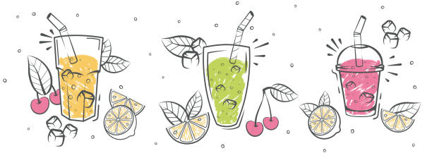 Smoothies. Detox Diet Drinks In Different Bottle. Fresh organic Smoothie ingredients. Superfoods and health or detox diet food concept in sketch style. Smoothies. Detox Diet Drinks In Different Bottle. Fresh organic Smoothie ingredients. Superfoods and health or detox diet food concept in sketch style. smoothie stock illustrations