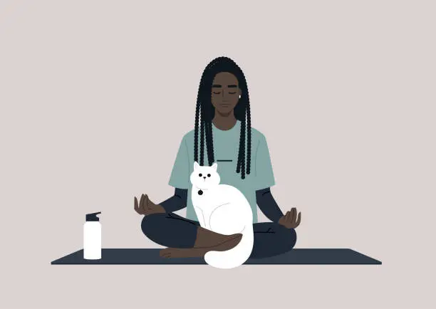 Vector illustration of A young female Black character meditating with a cat on their lap, dealing with stress, yoga workout at home