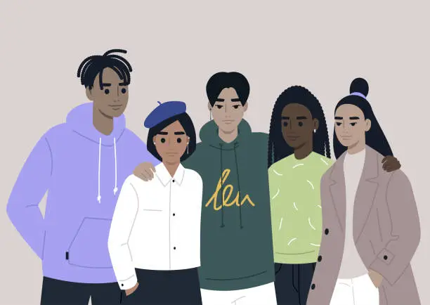 Vector illustration of A diverse group of people of different gender and ethnicity gathered together, a community concept