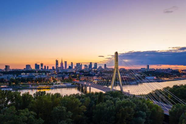 Warsaw city center at dusk aerial view Warsaw city center at dusk aerial view warsaw stock pictures, royalty-free photos & images