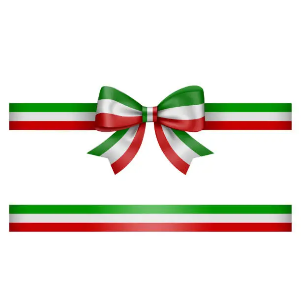 Vector illustration of tricolor bow and ribbon green white and red bow with ribbon italian or mexican flag colors