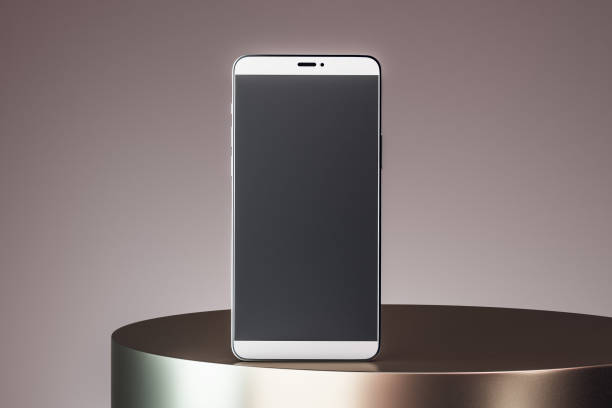 istock Blank black sartphone screen on round metallic podium on abstract background, 3D rendering, mock up 1312698912