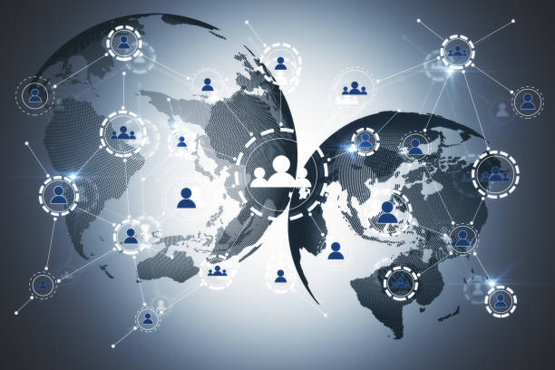 istock Globe icon with muptiple small application icons on it on a grey background. Worldwide web and social communication concept, 3d rendering 1312699440