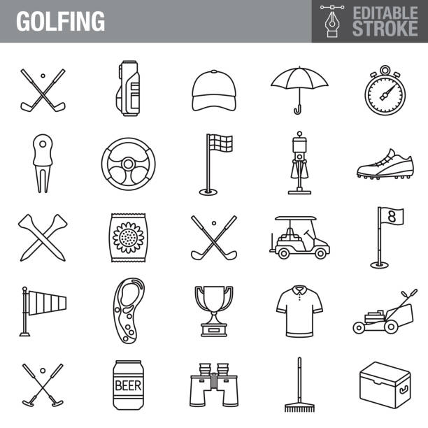 Golf Editable Stroke Icon Set A set of editable stroke thin line icons. File is built in the CMYK color space for optimal printing. The strokes are 2pt black and fully editable, so you can adjust the stroke weight as needed for your project. golf icons stock illustrations