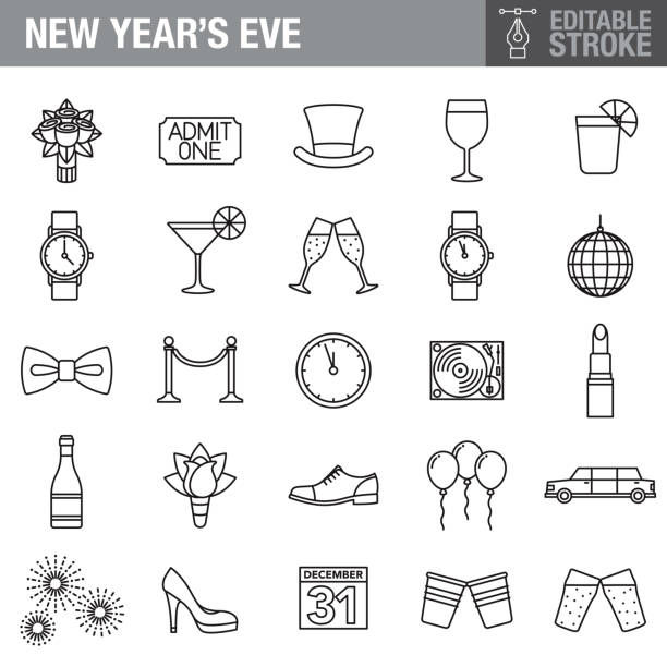 New Year's Eve Party Editable Stroke Icon Set A set of editable stroke thin line icons. File is built in the CMYK color space for optimal printing. The strokes are 2pt black and fully editable, so you can adjust the stroke weight as needed for your project. roped off stock illustrations