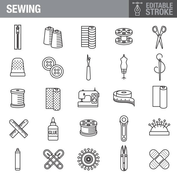 nähen editierbaren strich icon set - sewing item thread scissors sewing stock-grafiken, -clipart, -cartoons und -symbole