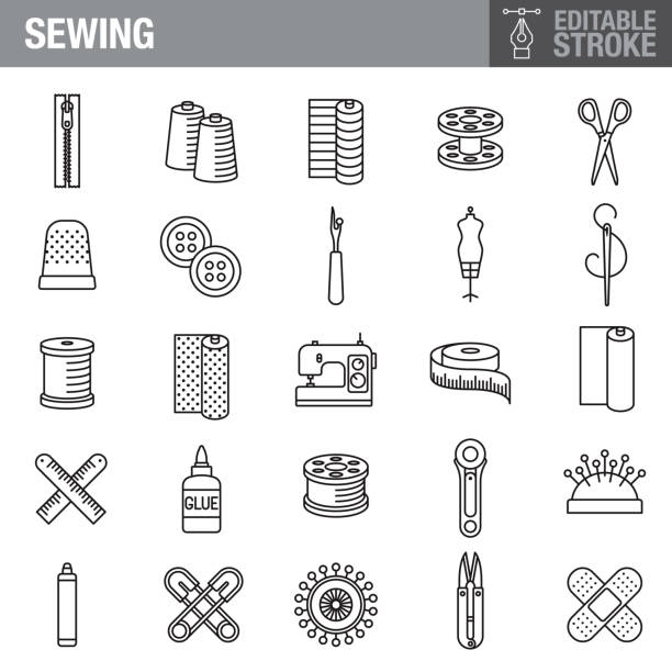 바느질 편집 가능한 스트로크 아이콘 세트 - embroidery thread sewing threading stock illustrations