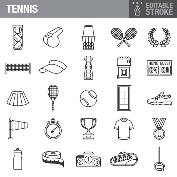 ilustraciones, imágenes clip art, dibujos animados e iconos de stock de conjunto de iconos de trazo editable de tenis - tennis court vector tennis racket