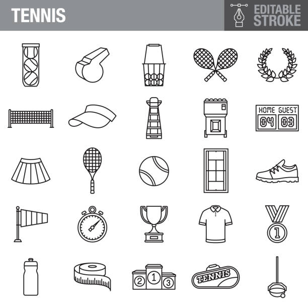 Tennis Editable Stroke Icon Set A set of editable stroke thin line icons. File is built in the CMYK color space for optimal printing. The strokes are 2pt black and fully editable, so you can adjust the stroke weight as needed for your project. tennis ball container stock illustrations