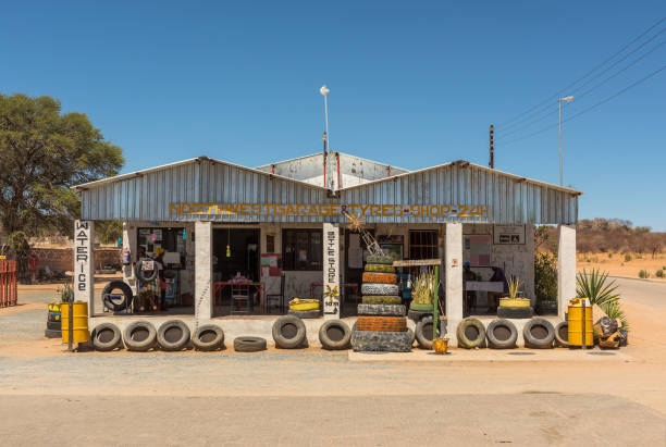 Grocery store and bar in the town of Kamanjab, Namibia stock photo