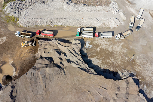 World at work, drone view - works on industrial heaps and waste management.