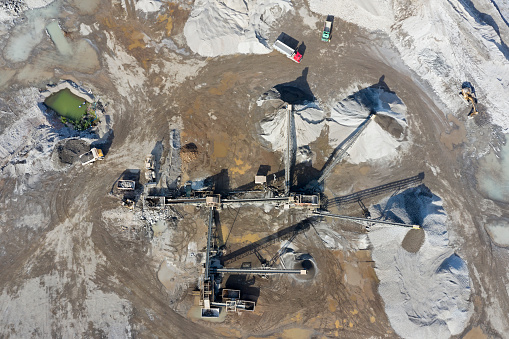 World at work, drone view - works on industrial heaps and waste management.