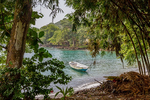 Boat in the sea with natural frame of trees in El Aguacate beach. Bahía el Aguacate, is a good plan to leave Capurgana.
In this small bay with emerald waters you can also dive.