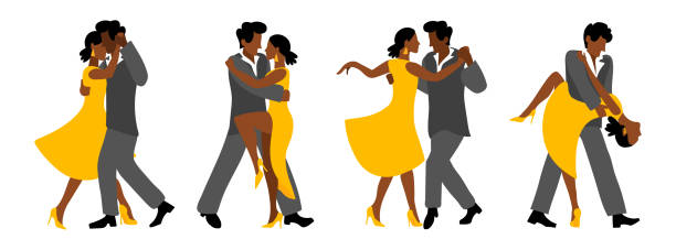 Romantic couple in passionate Latin American dances. Vector set with couples for the salsa festival. Hand drawing in flat style isolated. Afro Americans are dancing Romantic couple in passionate Latin American dances. Vector set with couples for the salsa festival. Hand drawing in flat style isolated. Afro Americans are dancing. reggaeton dance stock illustrations