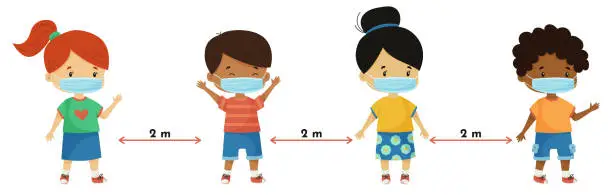 Vector illustration of Set of cartoon kids with face masks, Covid-19 disease prevention concept.