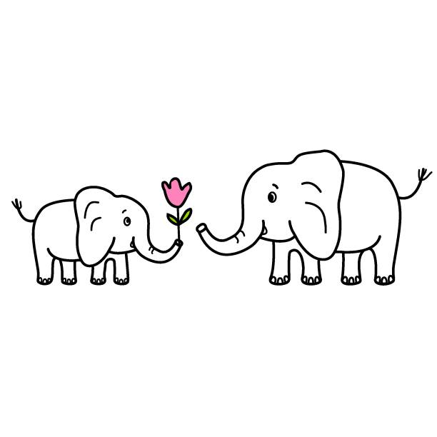 Baby elephant gives pink flower to elephant mom Baby elephant gives pink flower to elephant mom. Cute hand drawn vector doodle illustration isolated on white background. Can be used for design Happy Mothers Day, Birthday greeting card. elephant drawings stock illustrations
