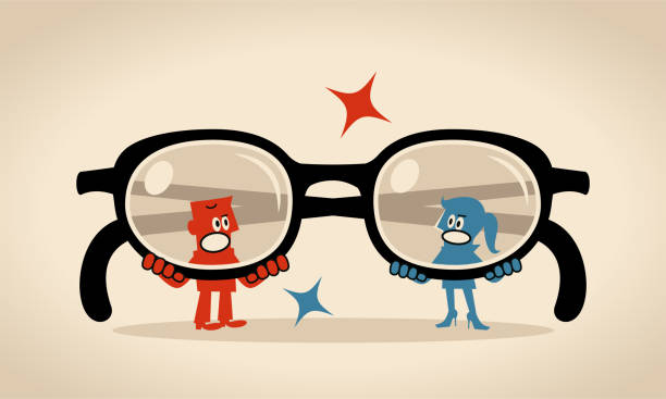 illustrations, cliparts, dessins animés et icônes de la femme et l’homme se regardent à travers de grandes lunettes (filtre, préjugés, préjugés, stéréotypes) - arguing conflict displeased business