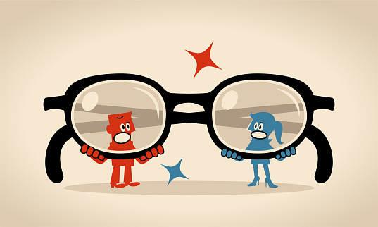 Blue Characters Vector Art Illustration.
Woman and man are looking at each other through big eyeglasses (filter, prejudice, bias, stereotype).