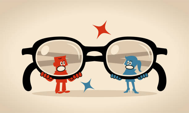 Woman and man are looking at each other through big eyeglasses (filter, prejudice, bias, stereotype) Blue Characters Vector Art Illustration.
Woman and man are looking at each other through big eyeglasses (filter, prejudice, bias, stereotype). role reversal stock illustrations