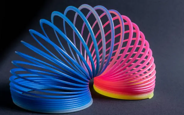 Crazy spring, toy from the 80's and 90's horizontally aligned on a table in yellow, pink and blue colors. Used by many children mainly in Brazil for healthy fun sharing good times with friends.