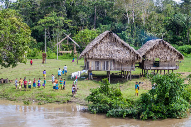 santa maria de angoteros, peru - 15 июля 2015 г.: вид на деревню санта-мария-де-анготерос на реке напо. - iquitos стоковые фото и изображения
